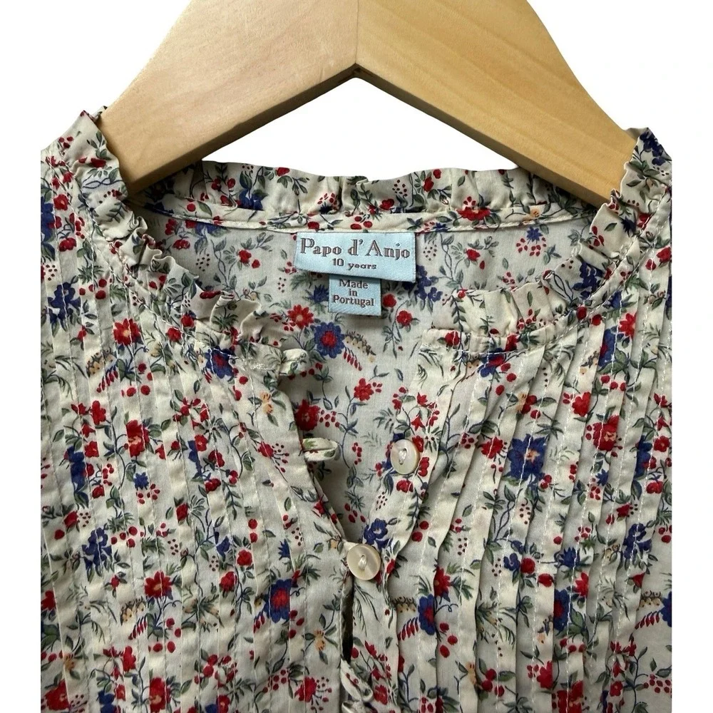 Papo d'Anjo Floral Blouse Girls 10 Multicolor Pintuck‎ Ruffle Cottagecore Top